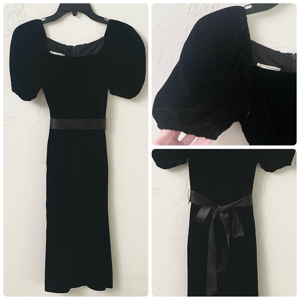 Vintage Black Velvet Puff Sleeves Square Neck Sash Bow Tie Wast Midi Dress
